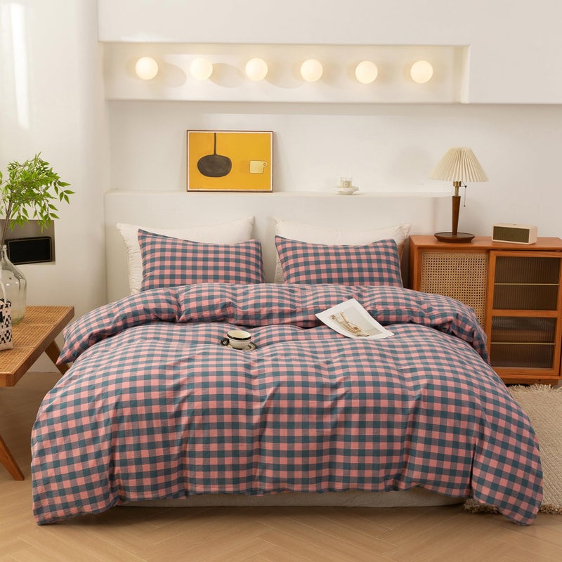 ECOCOTT طقم غطاء لحاف ECOCOTT مصنوع من القطن المغسول بنسبة 100% يشبه الكتان الناعم والمسامي، طقم سرير مريح ومتين لجميع الفصول مقاس كينغ أرجواني وردي منقوش - Image 1